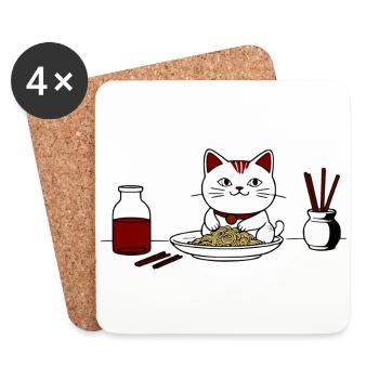 Chat et ramen - Dessous de verre (lot de 4) - blanc - Devant