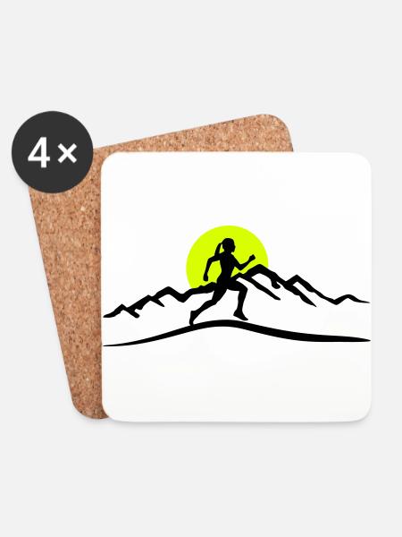 Running Woman, Runner & Mountains & Sun - Coasters (set of 4) - white