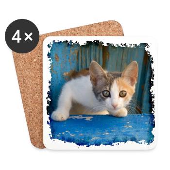 Sweet young kitten looking out of old blue door - Coasters (set of 4) - white - Front