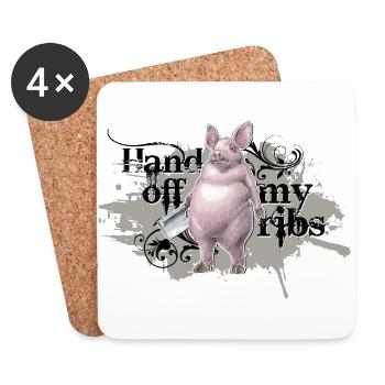 shirt motif pig butcher hands off my ribs gray - Coasters (set of 4) - white - Front