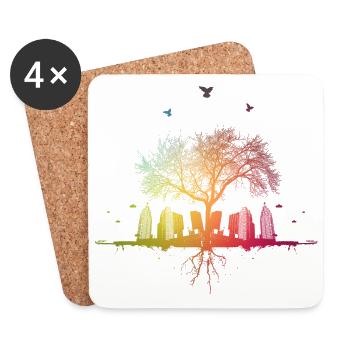 Colorful nature city tree skyscraper bird roots house - Coasters (set of 4) - white - Front