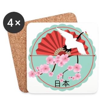 Japan fan on cherry blossom with crane round - Coasters (set of 4) - white - Front