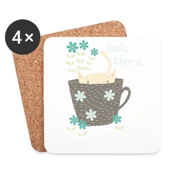 Funny cat in cup Hello gift flowers - Coasters (set of 4) - white - Front