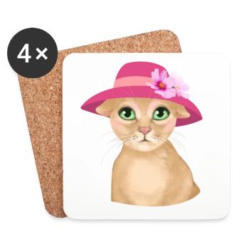 Katze mit Hut und Blume - Untersetzer (4er-Set) - Weiß - Vorne