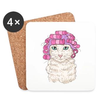 Katze mit Lockenwickler - Untersetzer (4er-Set) - Weiß - Vorne