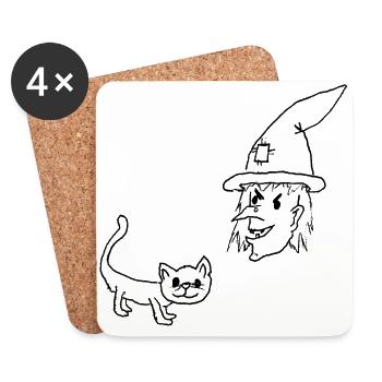 Hexe mit Katze - Untersetzer (4er-Set) - Weiß - Vorne