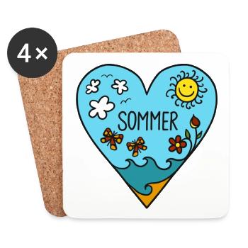 Sommer Herz, Wellen, Meer, Sonne, Urlaub, Maritim - Untersetzer (4er-Set) - Weiß - Vorne