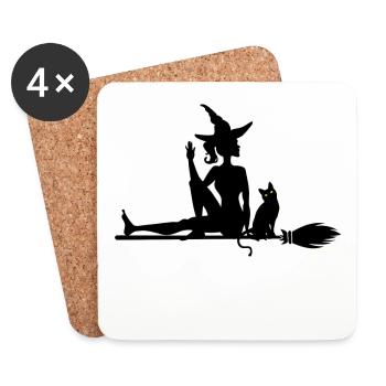 Hexe mit Katze auf Hexenbesen - Untersetzer (4er-Set) - Weiß - Vorne