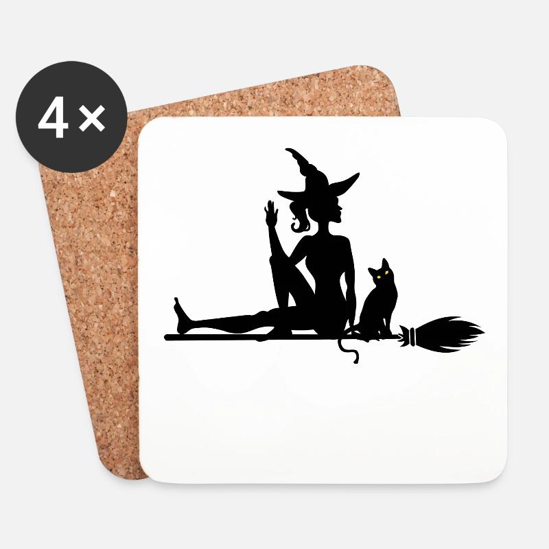 Hexe mit Katze auf Hexenbesen - Untersetzer (4er-Set) - Weiß