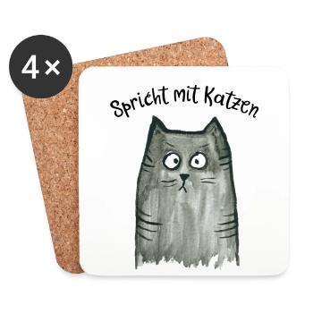 Graue Katze - Spricht mit Katzen - Untersetzer (4er-Set) - Weiß - Vorne