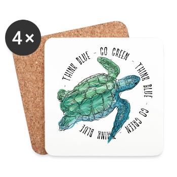 Pensez Blue Go Green Turtle Save The Ocean - Dessous de verre (lot de 4) - blanc - Devant