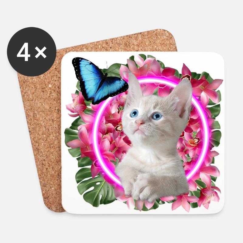 Süßes Kätzchen mit blauem Schmetterling auf Neon tropical - Untersetzer (4er-Set) - Weiß