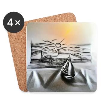 Dessin d’un voilier au coucher du soleil sur la mer - Dessous de verre (lot de 4) - blanc - Devant