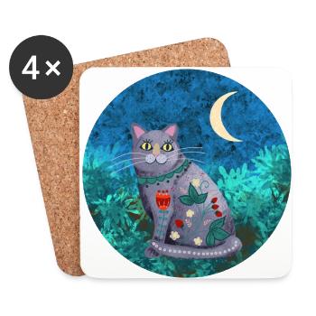 Cat at Night cat and Moon - Coasters (set of 4) - white - Front