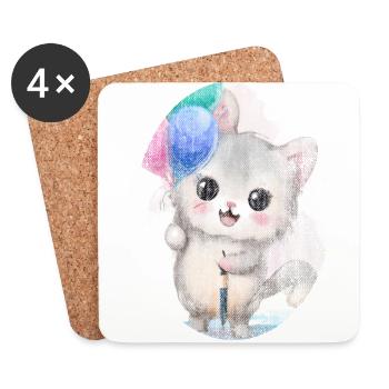 Kätzchen Katze mit Luftballon Gemälde - Untersetzer (4er-Set) - Weiß - Vorne