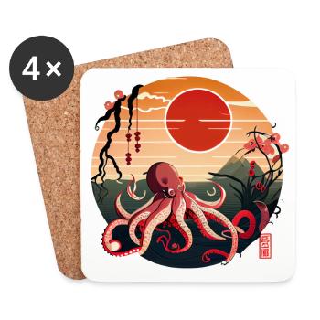 Japanische Kunst, Oktopus im Meer mit Wellen Comic - Untersetzer (4er-Set) - Weiß - Vorne