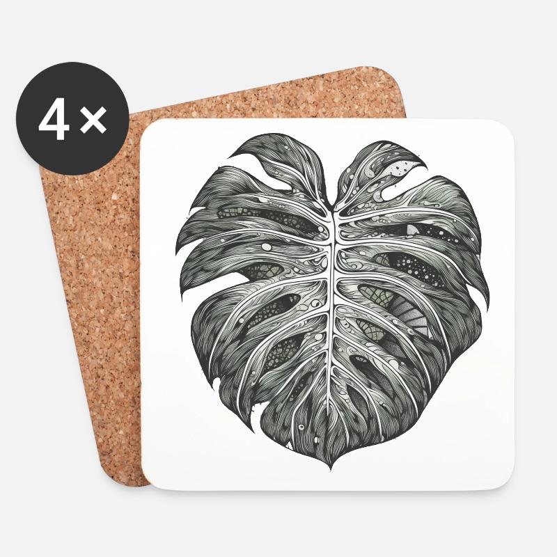 Surrealistisches Monstera Blatt, Pflanzen Motiv - Untersetzer (4er-Set) - Weiß