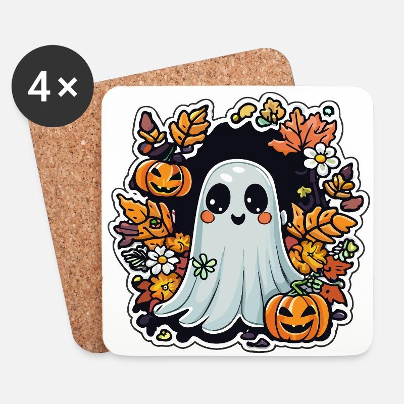 kleiner Halloweengeist im Herbst mit Kürbisen - Untersetzer (4er-Set) - Weiß
