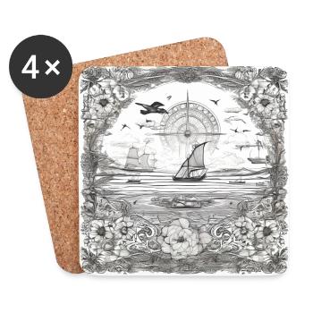 Black and White Drawing of Boats and Sea - Coasters (set of 4) - white - Front
