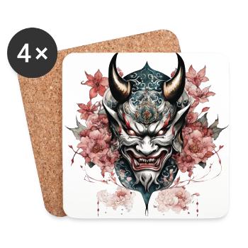 Demon Hannya Mask with Flowers - Coasters (set of 4) - white - Front