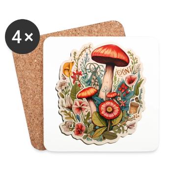 Boho Kunst mit Pilzen und Blumen - Untersetzer (4er-Set) - Weiß - Vorne