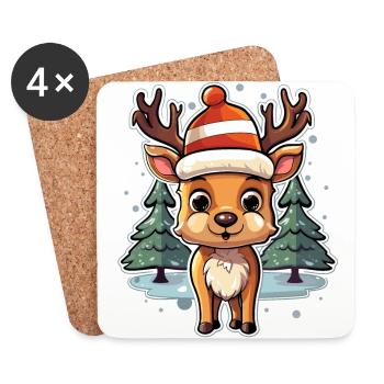The little reindeer with cap and 2 fir trees - Coasters (set of 4) - white - Front