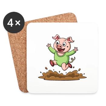 Fröhliches Schwein, das im Schlamm herumtollt - Skurriles Tier - Untersetzer (4er-Set) - Weiß - Vorne