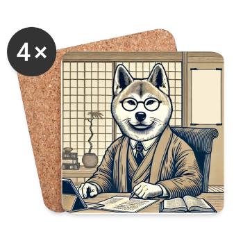 Akita am Schreibtisch - Ukiyo-e Stil - Untersetzer (4er-Set) - Weiß - Vorne
