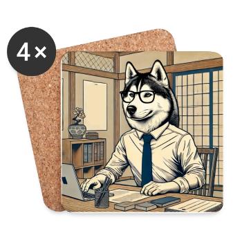Husky at the Desk - Ukiyo-e Style - Coasters (set of 4) - white - Front