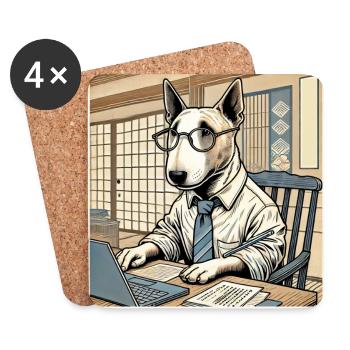 Bull Terrier at the Desk - Ukiyo-e Style - Coasters (set of 4) - white - Front