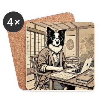 Border Collie am Schreibtisch - Ukiyo-e Stil - Untersetzer (4er-Set) - Weiß - Vorne