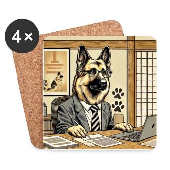 German Shepherd at the Desk - Ukiyo-e Style - Coasters (set of 4) - white - Front