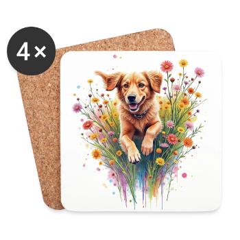 Hund spielt in Blumen - Untersetzer (4er-Set) - Weiß - Vorne