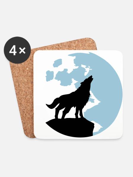 Wolf und Vollmond - Untersetzer (4er-Set) - Weiß