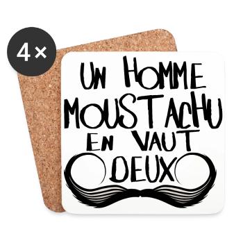 citation homme moustachu vaut deux 2 humour mousta - Dessous de verre (lot de 4) - blanc - Devant