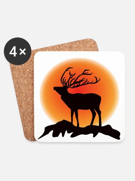 Deer Reindeer Silhouette Sunset - Coasters (set of 4) - white