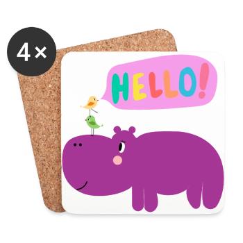 Hippopotame avec gang d’oiseaux - Animaux mignons - Dessous de verre (lot de 4) - blanc - Devant