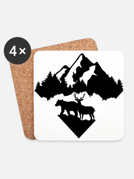 Bär, Hirsch, Wald und Berge - Untersetzer (4er-Set) - Weiß