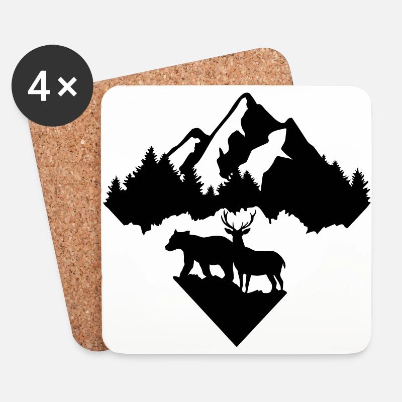 Bär, Hirsch, Wald und Berge - Untersetzer (4er-Set) - Weiß