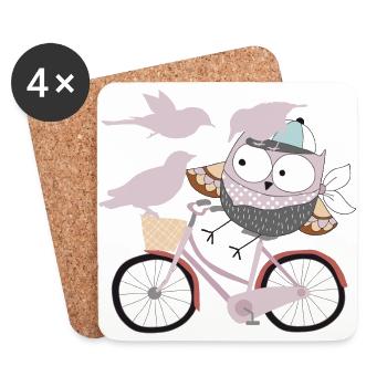 Eule auf Rad mit Vogel Vögel - - Untersetzer (4er-Set) - Weiß - Vorne
