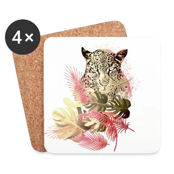 leopard, katze,wildkatze,malerei,blätter,gold,rot - Untersetzer (4er-Set) - Weiß - Vorne