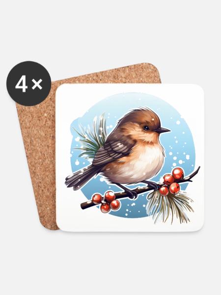 Braunkehlchen im Winter - Untersetzer (4er-Set) - Weiß