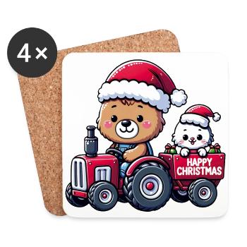 Teddy als Weihnachtsmann mit Traktor und Katze - Untersetzer (4er-Set) - Weiß - Vorne