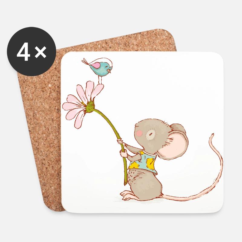 Maus mit Blume und Vogel - Untersetzer (4er-Set) - Weiß