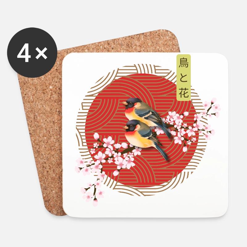 Ästhetische japanische Kunst Vögel mit Sakura - Untersetzer (4er-Set) - Weiß