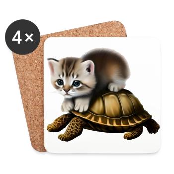 Cat on turtle - Coasters (set of 4) - white - Front