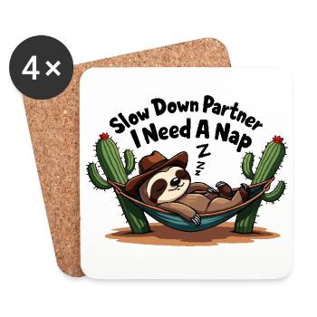 Snoring sloth with cowboy hat in hammock - Coasters (set of 4) - white - Front