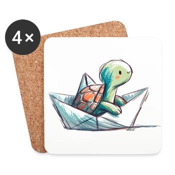 Tortue dans un bateau en papier - Dessous de verre (lot de 4) - blanc - Devant