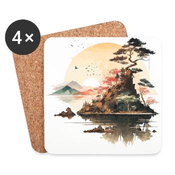 Coucher de soleil japonais - Illustration à l’aquarelle - Dessous de verre (lot de 4) - blanc - Devant