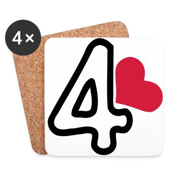 Numéro 4 et coeur rouge - Dessous de verre (lot de 4) - blanc - Devant